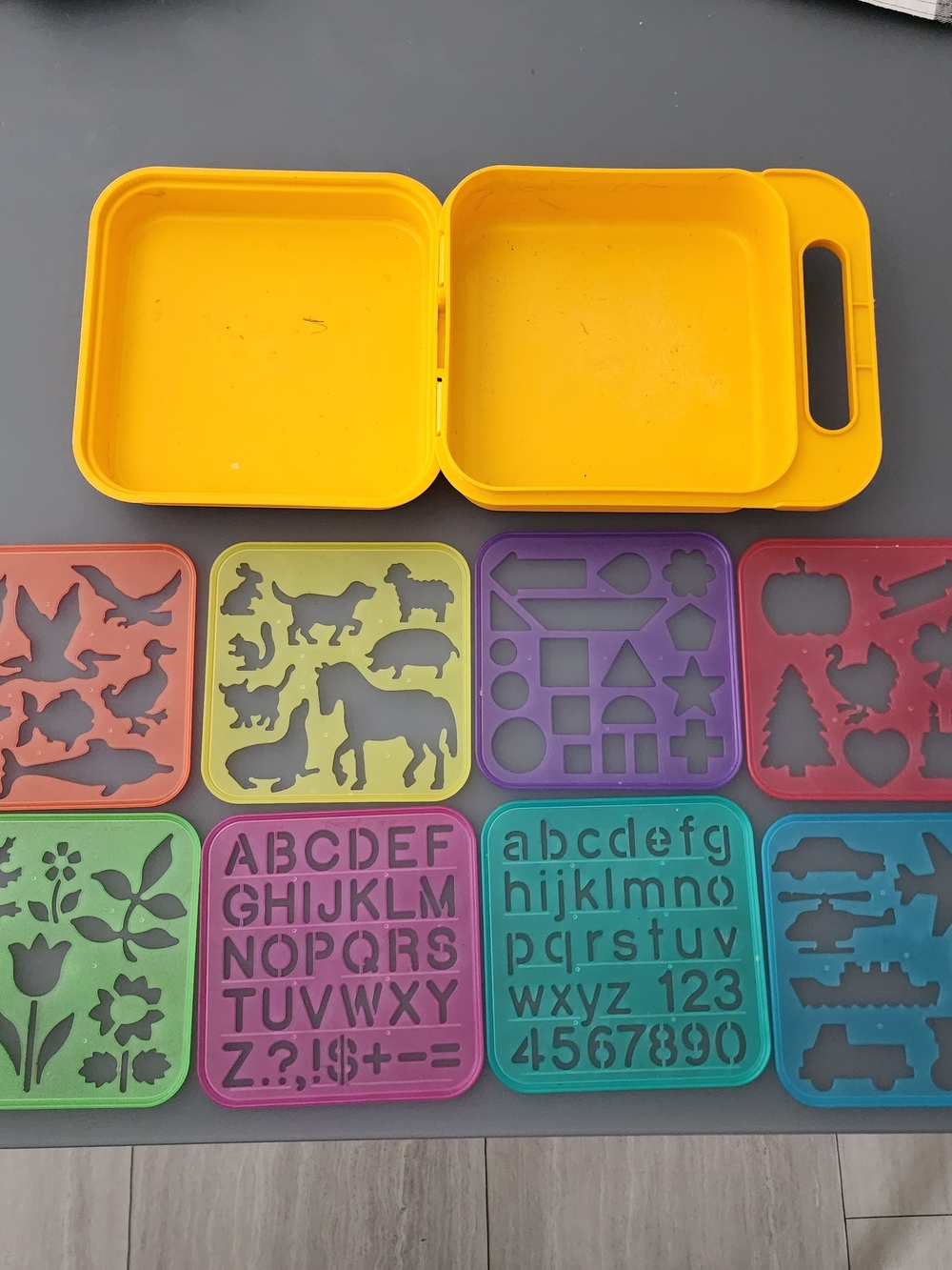 Vintage Tuppertoy Stencil Activity Kit - Yellow Carrying Case with Stencils